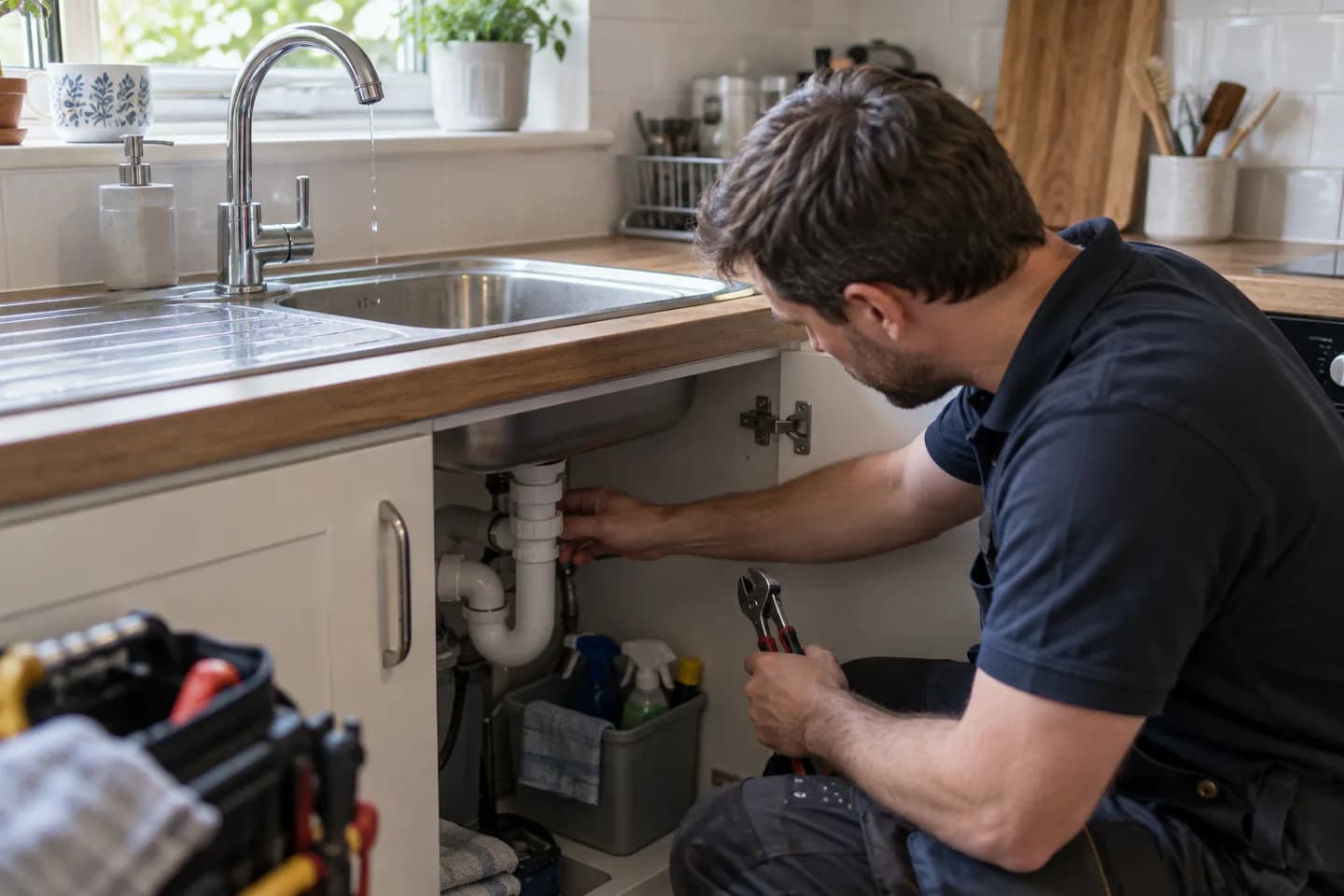 Plumber tracing a leak below a kitchen tap