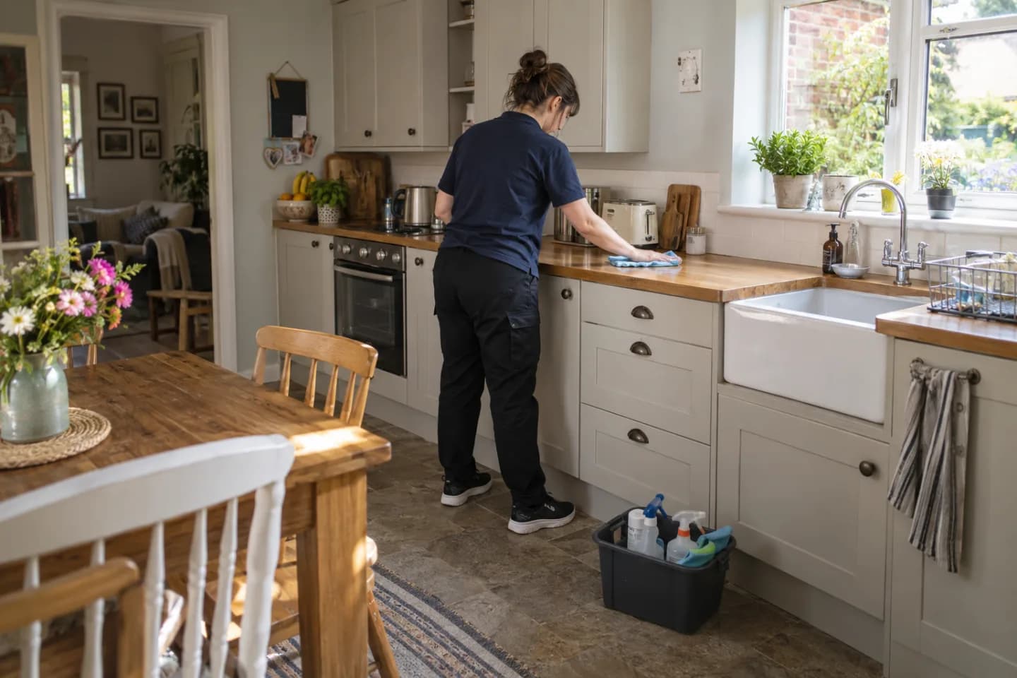 Professional carrying out a regular clean in a family kitchen