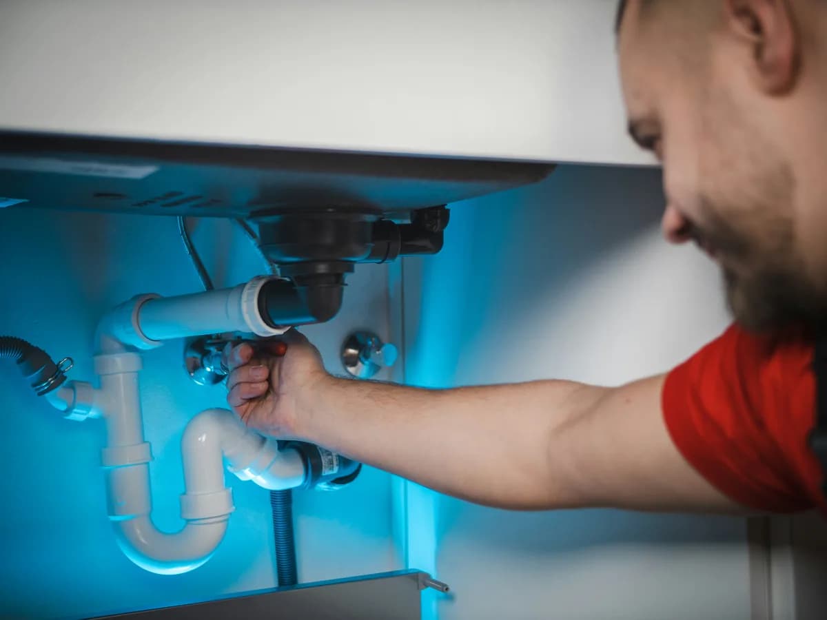 Plumber repairing pipework beneath a kitchen sink